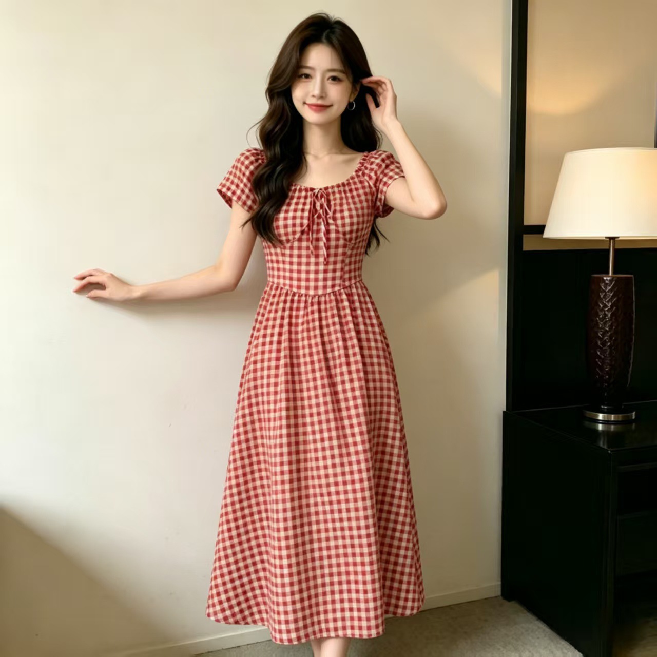 French-style Vintage Red Plaid For Women, New Summer Model, High-end, Waist-cinching, Slimming, Elegant, Resort-style_ecoleips.com