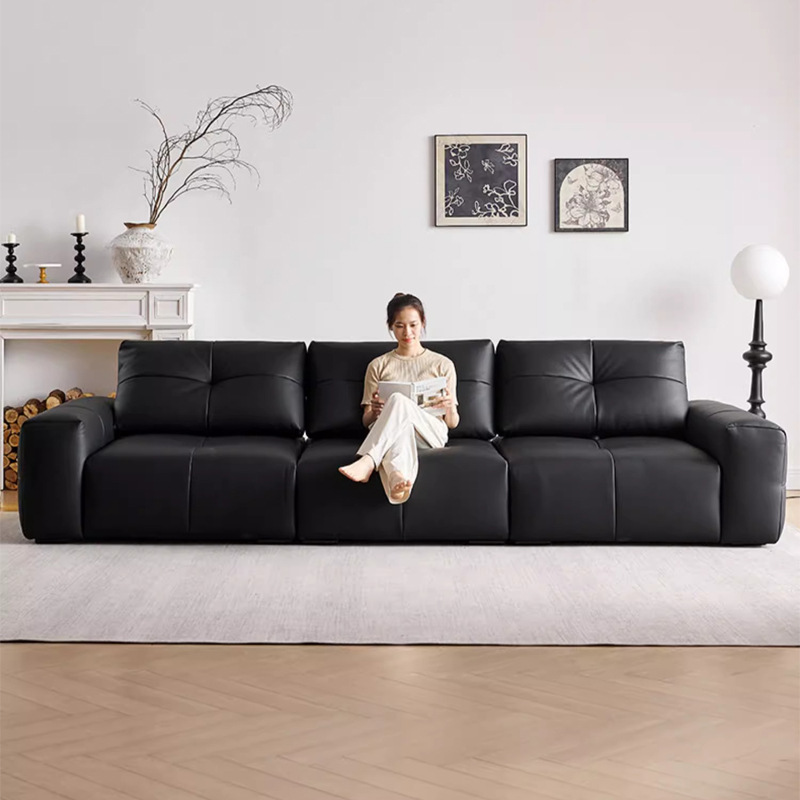 Sofá de píxeles italiano minimalista pequeño tipo de casa ajustable respaldo grande sofá de asiento profundo sofá de cuero negro línea recta