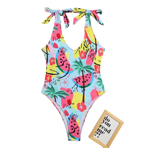 New multi-color printed sweetheart neckline bow European and American women's triangle one-piece beautiful back sexy swimsuit bikini