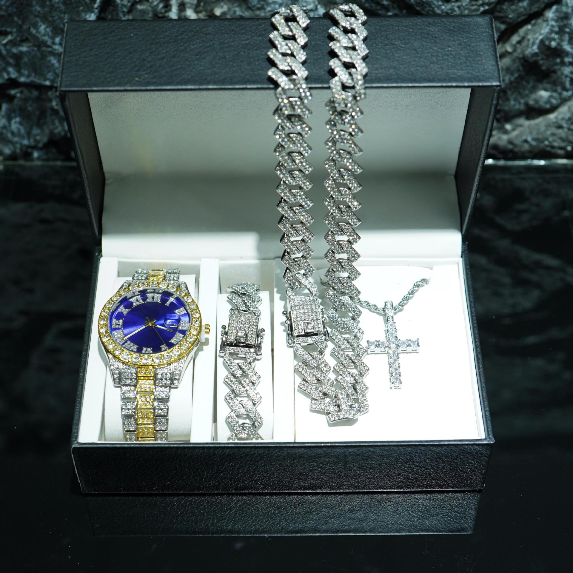 Aleación Hip Hop Diamond Reloj romano Juego de pulsera cubana Calendario de aleación de zinc Reloj de cuarzo wristwatches