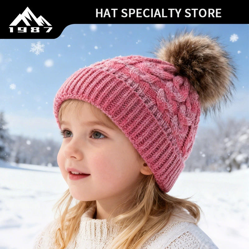 Детская осенне-зимняя шапка, Женская утолщенная шерстяная шапка с большим меховым шаром, модная универсальная шапка-пуловер, шерстяная вязаная шапка с твистом