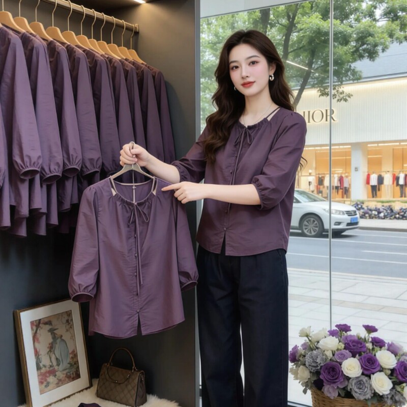 Purple French-style elegant three-quarter sleeve shirt for women, summer plus-size, loose-fitting, tummy-concealing, slimming, stylish top Purple French-style elegant three-quarter sleeve shirt for women, summer plus-size, loose-fitting, tummy-concealing, slimming, stylish top