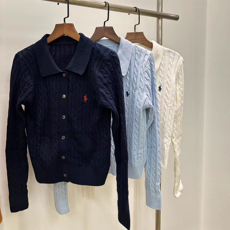 25 New Ralph Lauren Pony Embroidered Lapel Knitted Cardigan Long-Sleeved Polo Collar Casual Fashion Women's Tops