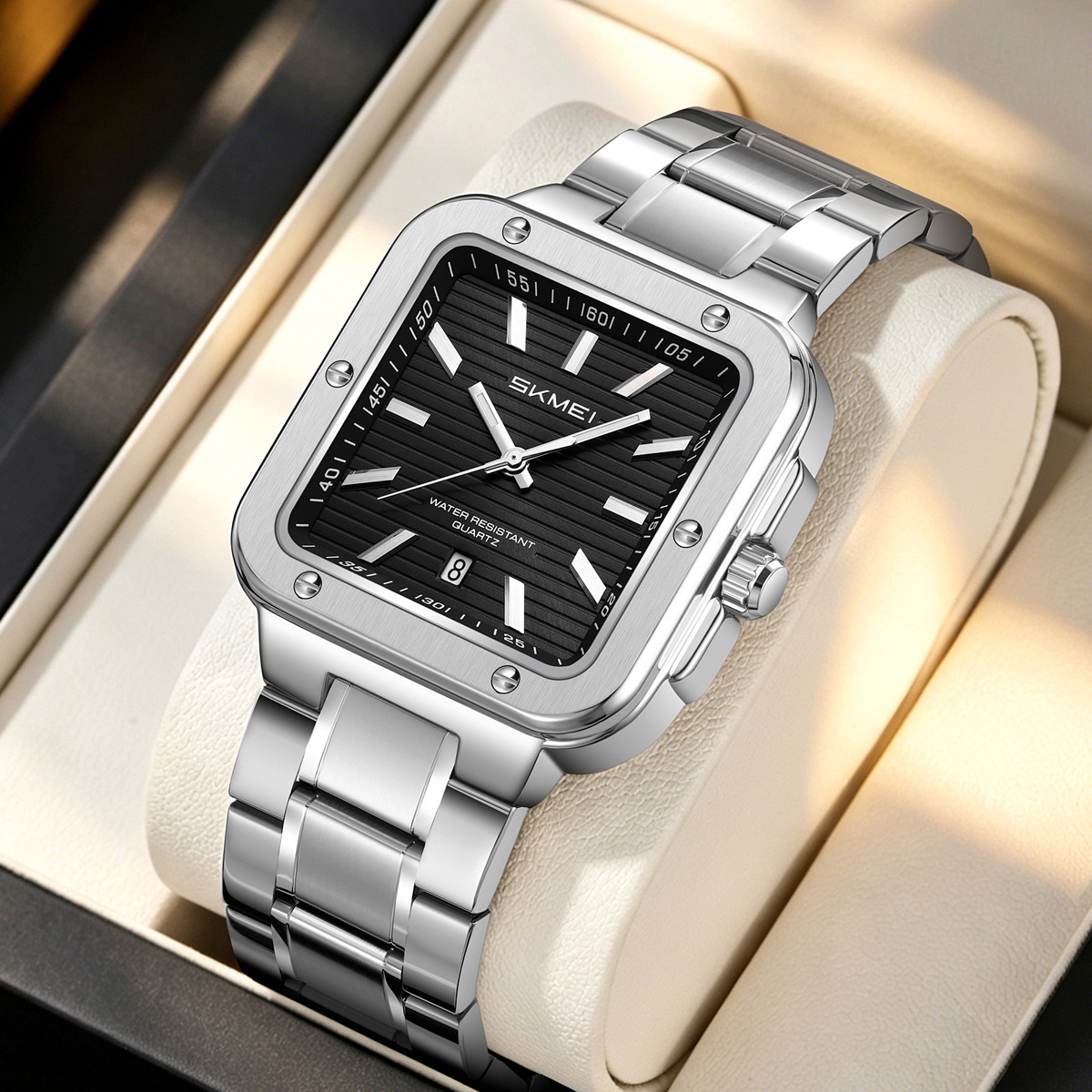 Momento de acero inoxidable cuadrado relojes de cuarzo calendario impermeable para hombres relojes de negocios comercio exterior personalizado spot transfronterizo