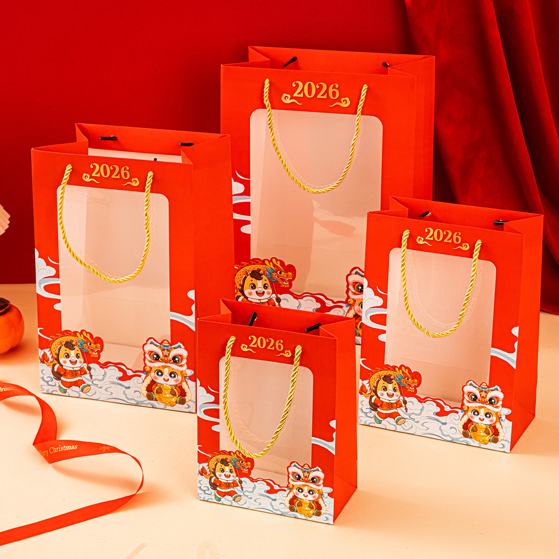 2026年新款马年手提袋干果年货包装透明开窗红色喜庆新年礼品袋
