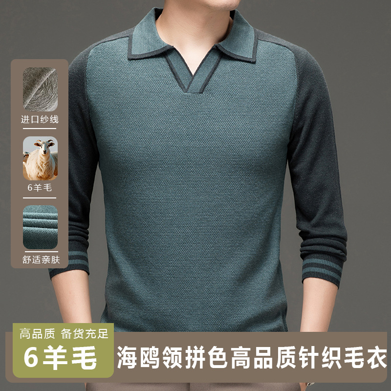 Puyuan Seagull Collar Wool Men's Sweater 2025 Autumn New Design Color Matching Middle-Aged Sweater Men's Wholesale