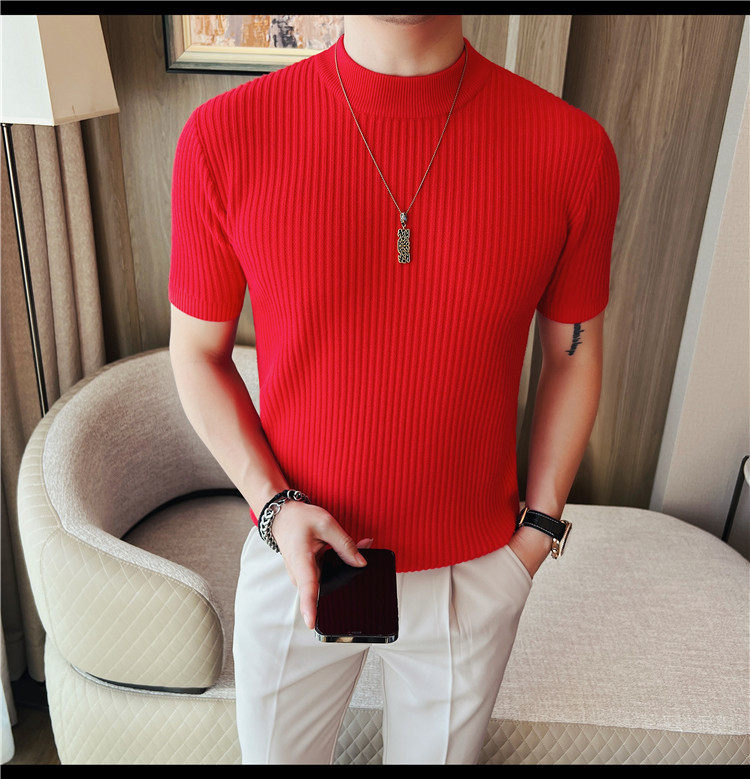 Herren Schwarz Hochgeschlossener Kurzarm Strickpullover Slim Fit_voghion.com