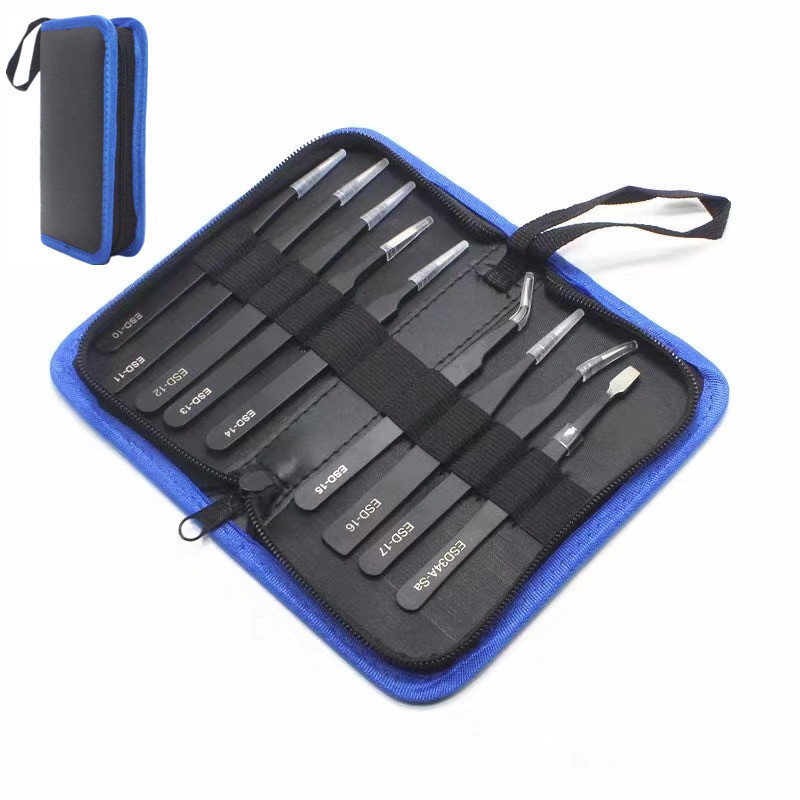 皮套镊子套装 不锈钢防静电精密黑色直弯尖头1.5mm眉夹嫁接+撬棒