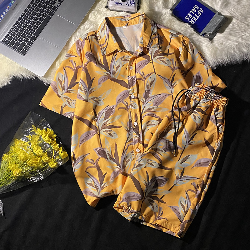하와이안 셔츠 남자의 대외 무역 반팔 세트 여름 얇은 패션 브랜드 커플 비치 셔츠 Ruffian 잘 생긴 남성 의류 세트