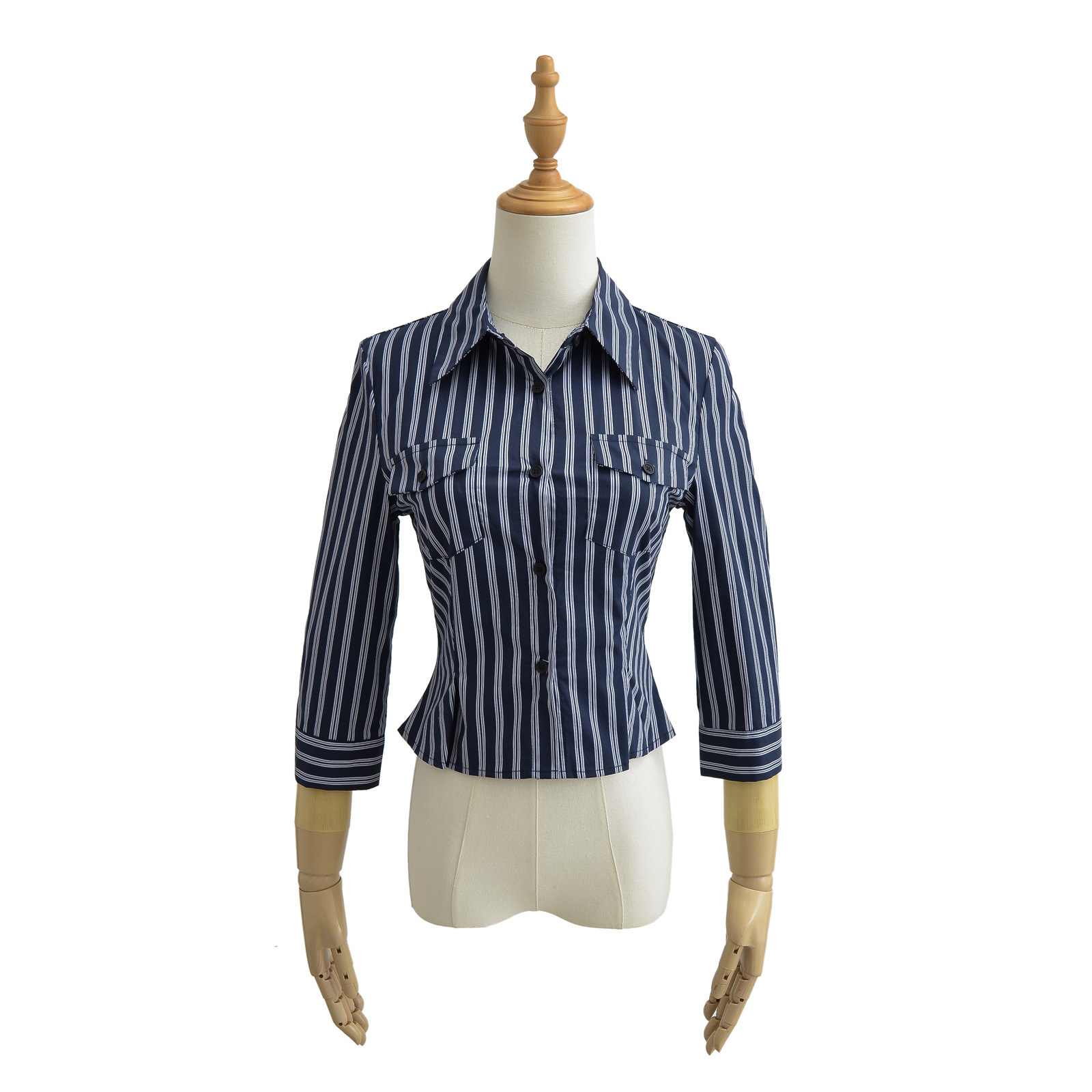 Hot girl polo collar striped long-sleeved shirt for women 2023 autumn new pure sexy tight waist short top