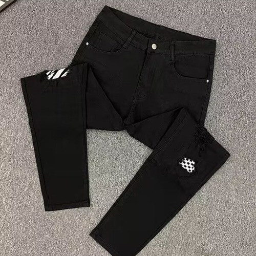 Multi-Element Spliced Hole Patched Stretchy Slim-Fit American-style High-Street Denim Pants for Men and Women