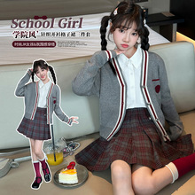 女童2025年秋季学院风JK针织开衫外套格子百褶裙三件套中大童韩版