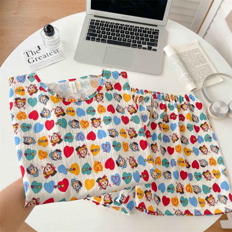 Venta al por mayor transfronteriza de pijamas vietnamitas verano femenino dibujos animados coreanos dulce y lindo estudiante estampado cuello redondo nube algodón estilo ins