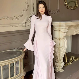 2026春季欧美跨境新款修身喇叭袖气质半高领印花绑带长裙女装
