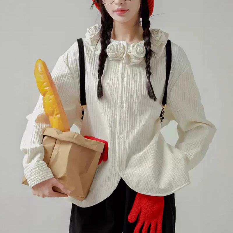 Rare Concept Moonlight Rose Original Design White Shirt for Women, Autumn Loose Fit Niche Long Sleeve Top