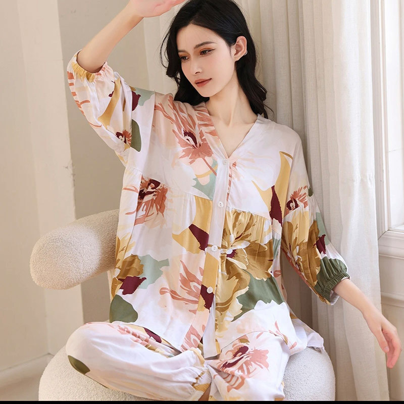 Cotton Silk Pajamas Women's Summer Thin Seven-point Sleeve Yuezi Home Clothes Spring and Autumn Live Explosions Summer Cotton Silk Suit