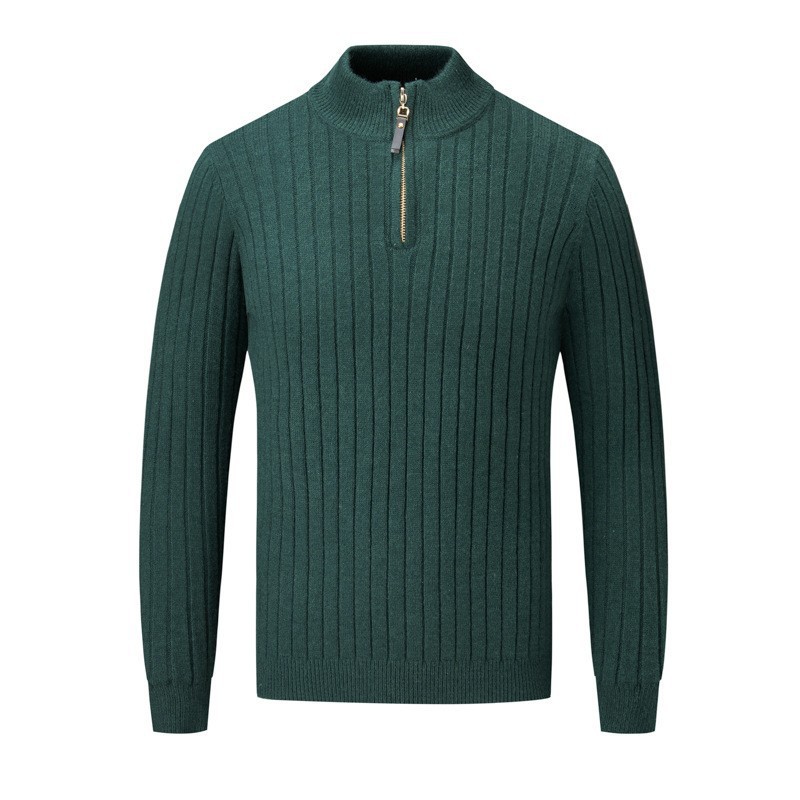 Men's Jacquard Striped Knitted Sweater With Stand-up Collar Zip_voghion.com