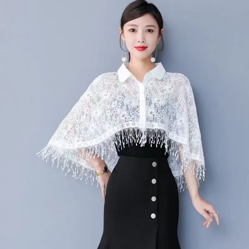 Vintage tassel embroidered lace shirt for women, cheongsam shawl jacket, fashionable collared cape, sun protection cardigan