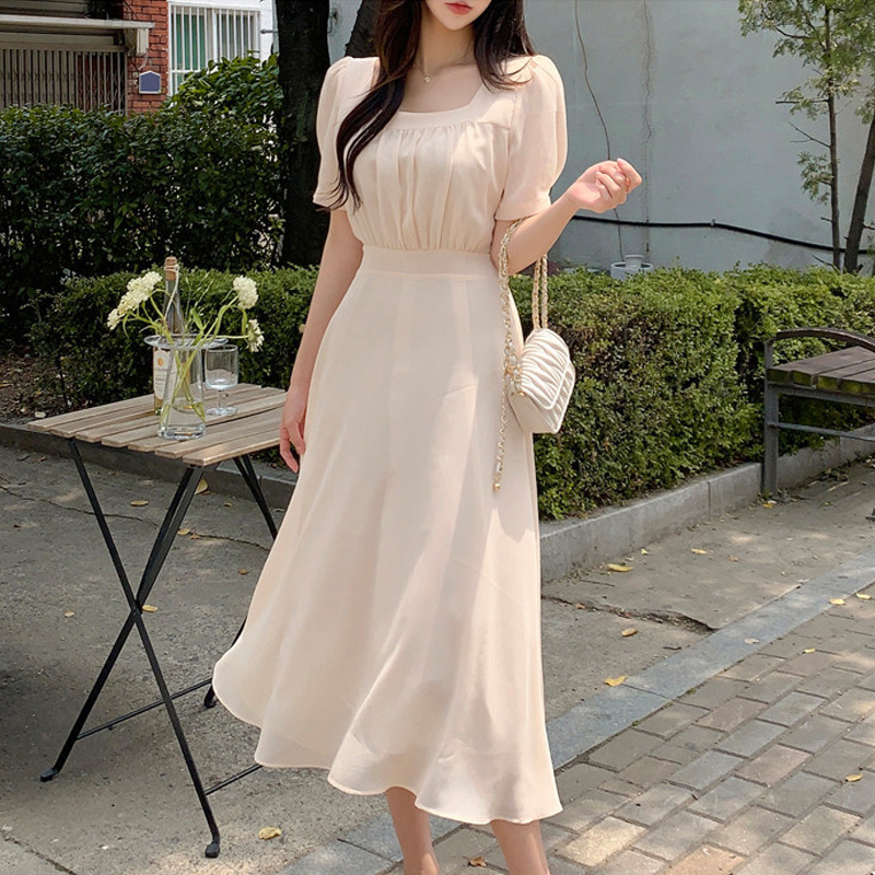 Korean Chic Summer Elegant Square Collar Lace-Up Waist Slimming Look Mid-Length Puff Sleeve Chiffon Dress for Women