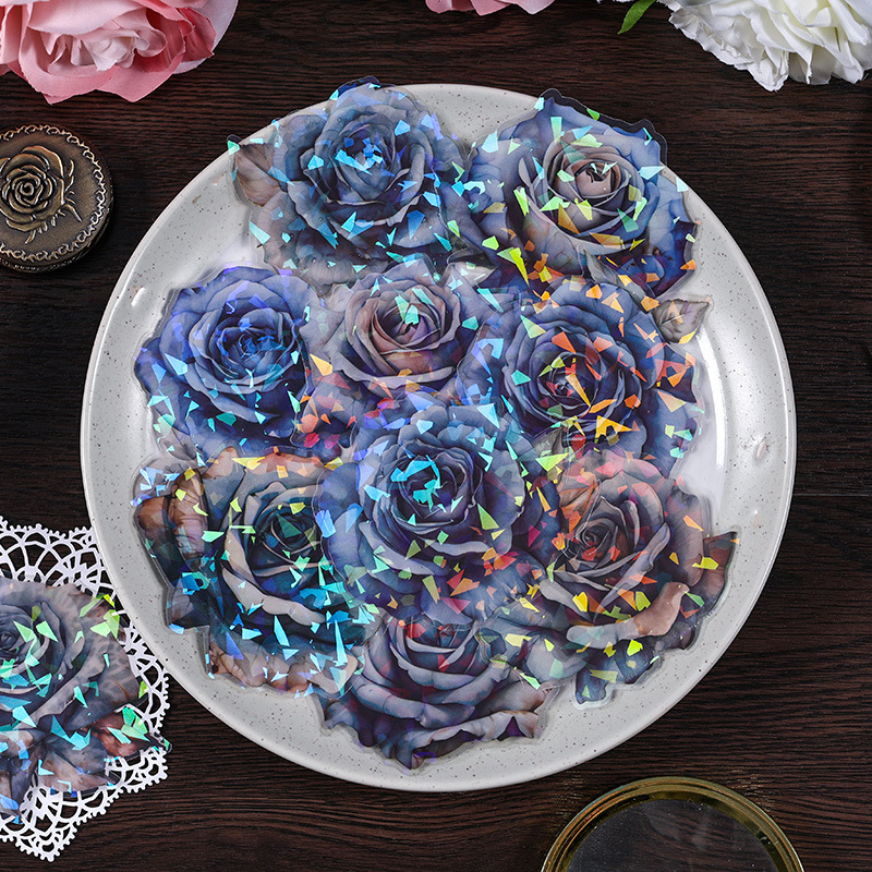 Noche oscura rosas conchas láser pegatinas impermeables bolsas pegatinas para niños pegatinas diy pegatinas materiales de cuentas