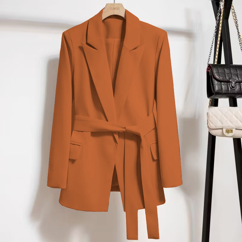 2026 Spring and Autumn New Korean Style Women's Blazer with Belt, Slim Fit, Elegant and Fashionable Orange Blazer Jacket