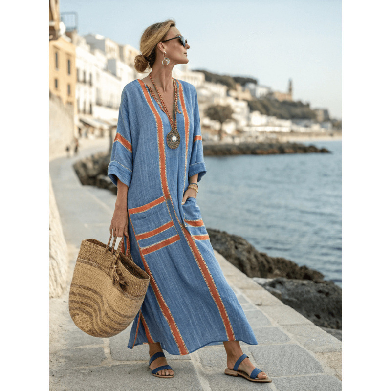Cross-Border Amazon European and American Cross-Border 3D Digital Print V-Neck Half-Sleeve Long Dress with Patch Pockets Cross-Border Amazon European and American Cross-Border 3D Digital Print V-Neck Half-Sleeve Long Dress with Patch Pockets