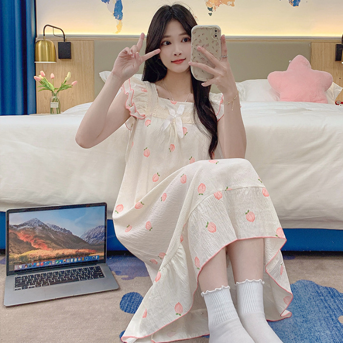 2024 verano vestido de pajama de mujer vestido largo suelto arco dulce dormitorio del campus se puede usar vestido de pijama rojo