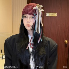 时髦复古手工立体蝴蝶结金丝微闪镂空包头帽女古早千禧辣妹堆堆帽