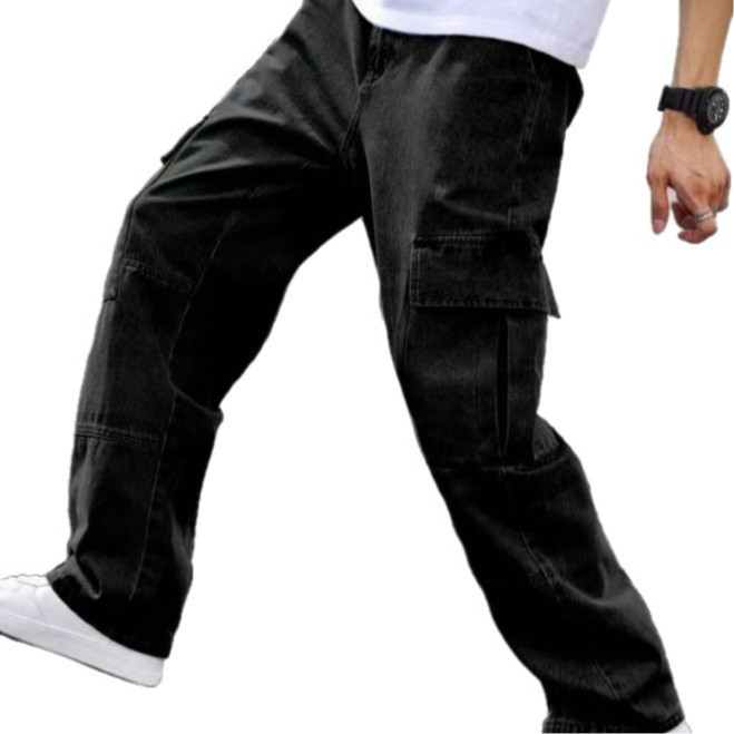 New Men's Four Seasons Black Straight Style Multi-Pocket Stitching Washed American Style Men's Jeans