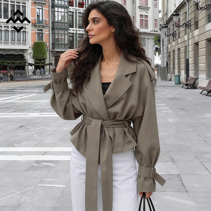 Cross-border ready-to-ship high-end French-style large-collar tie-waist trench coat, European and American commuter women's fashion coat with an elegant temperament