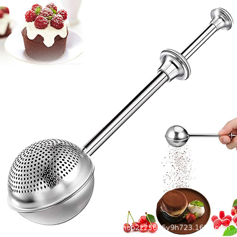 304 de acero inoxidable dispensador de polvo colador de una sola mano de la operación de harina de primavera tamiz colector de polvo herramienta de formación de hielo para hornear