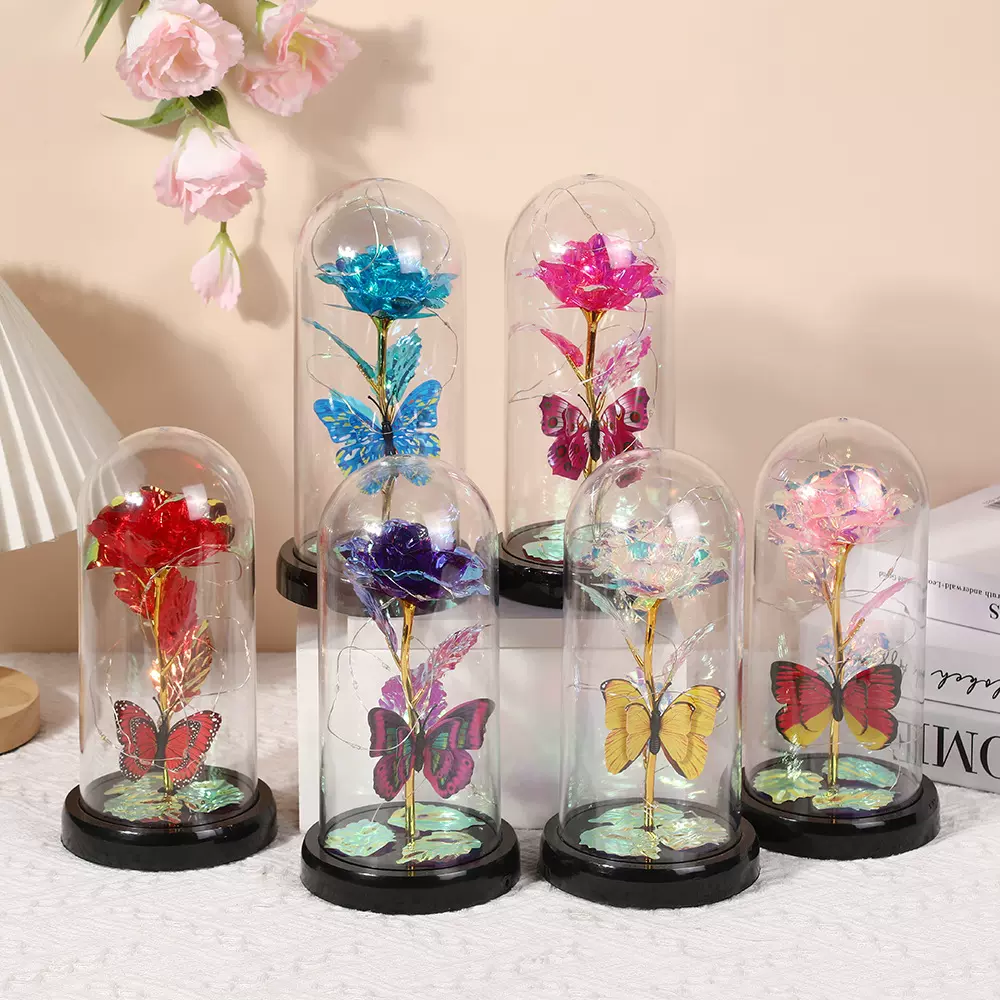 亚马逊永生玫瑰花玻璃罩带灯金箔花蝴蝶装饰情人节妇女节创意礼物