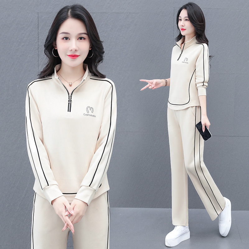 High Cotton Content Color-Block Stand Collar Fashion Casual Sports Suit Women Spring Autumn Sweatshirt Straight-Leg Sweatpants Square Dance Two-Piece Set