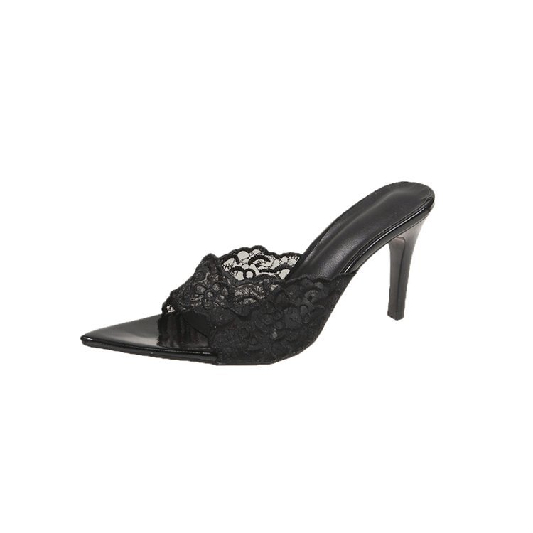 2025 New Open-Toe Pointed Mesh Lace Patent Leather One-Strap Women's Summer Sexy Outdoor Wear Thin High Heel Slippers_vogvips.com