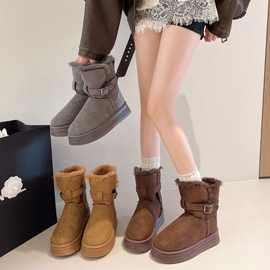 灰色加绒加厚厚底增高中筒雪地靴女2025新款秋冬百搭保暖防滑棉鞋