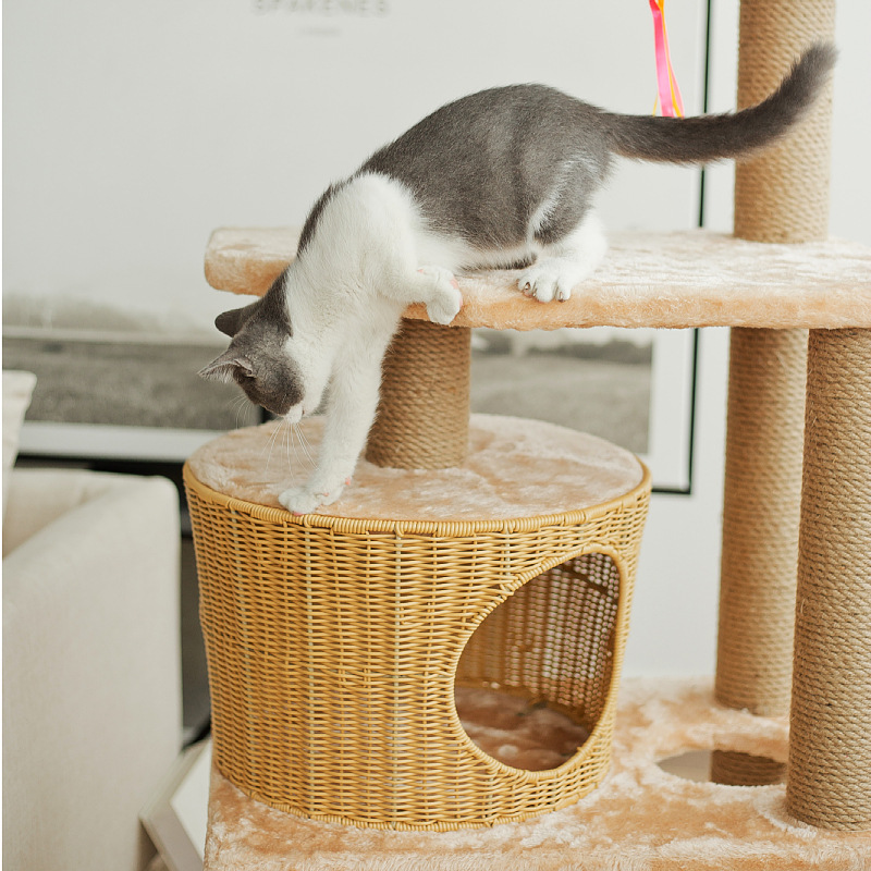 Cama para Gatos Tejida a Mano para Todas las Estaciones, Rascador para Gatos, Villa para Gatos de Ratán, Juguete para Gatos, Poste de Cuerda de Cáñamo, Estructura para Trepar para Gatos