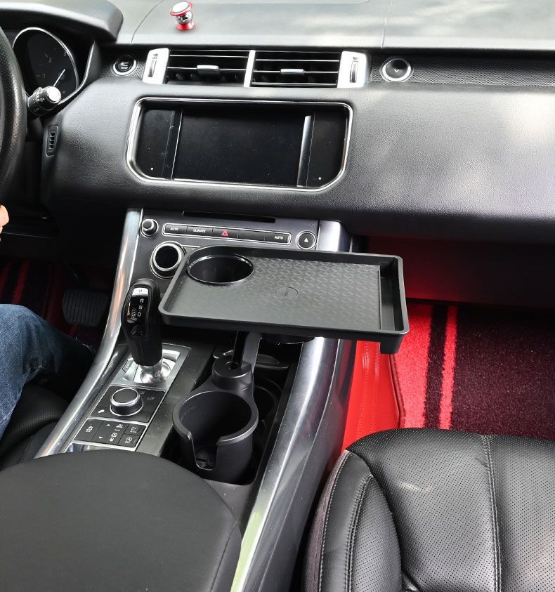 Multifunctional car tray with drink and coffee table, cup holder, phone stand, and passenger-side mini-bar