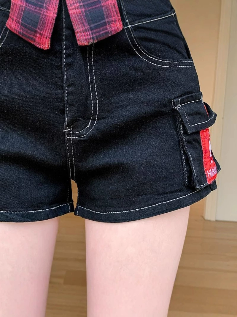 Hello Kitty, denim skirt, shorts, summer trousers, American style, with embroidery, hip-accented