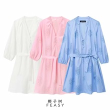 亚马逊跨境外贸欧美女装夏季新款压胶刺绣装饰府绸连衣裙