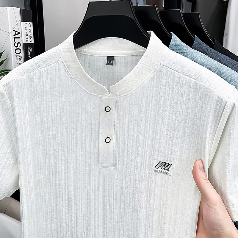 Men's Short-Sleeved T-Shirt Summer New Casual Henry Collar Short-Sleeved Men's T-Shirt Stand-Up Collar Half-Sleeved Polo Shirt Men's Top