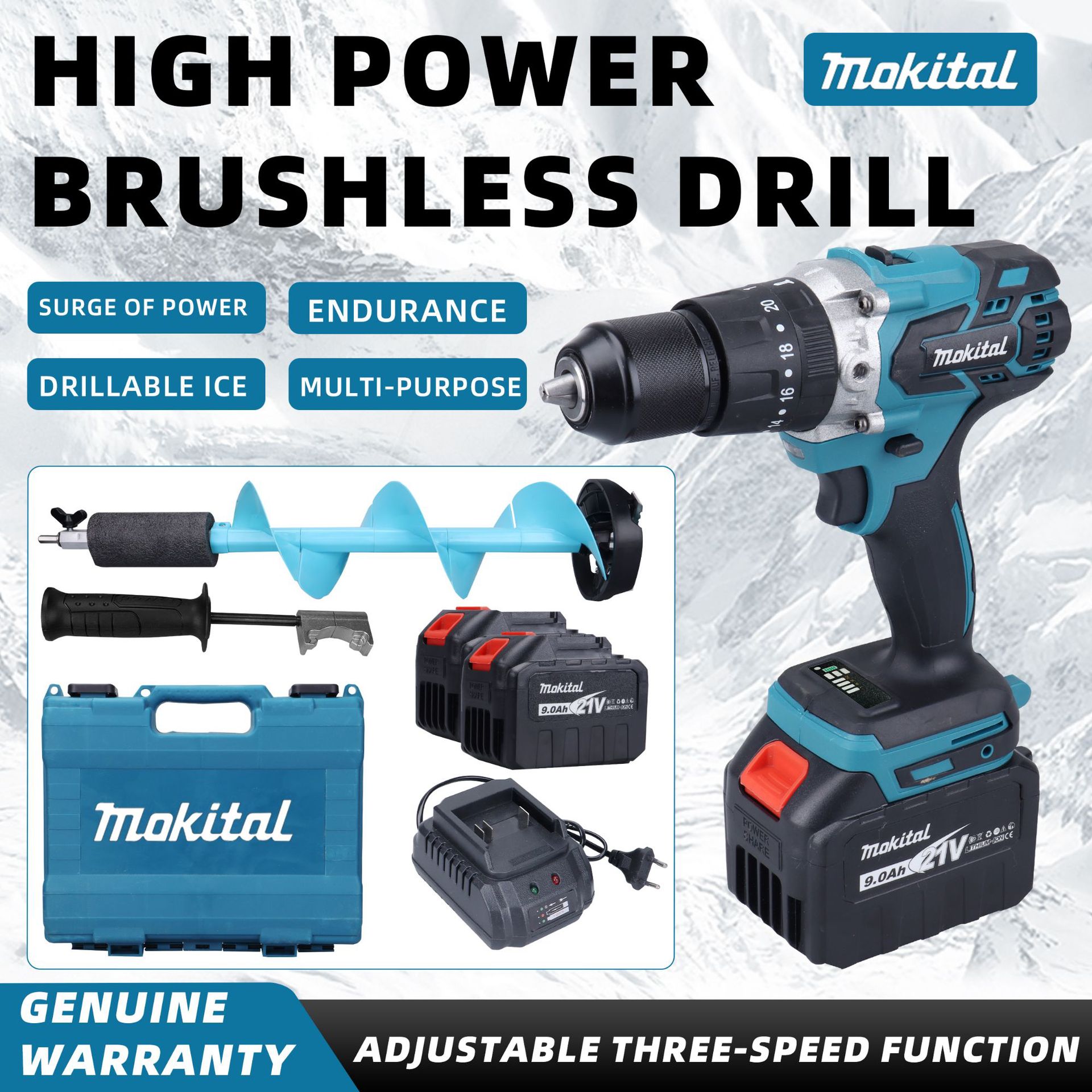 外贸批发无刷手电钻冲击钻13mm多功能锂电钻三用手持式冰钻开孔钻