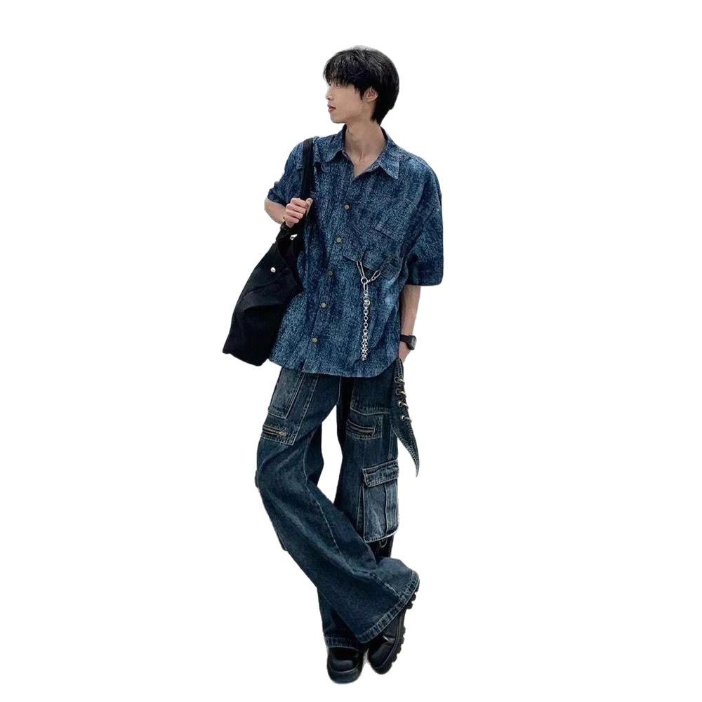 American Style Retro Deconstructed Shoulder Pad Short-Sleeved Shirt Men's Summer Old Washed Tie-Dye Design Sense Shirt Niche Jacket