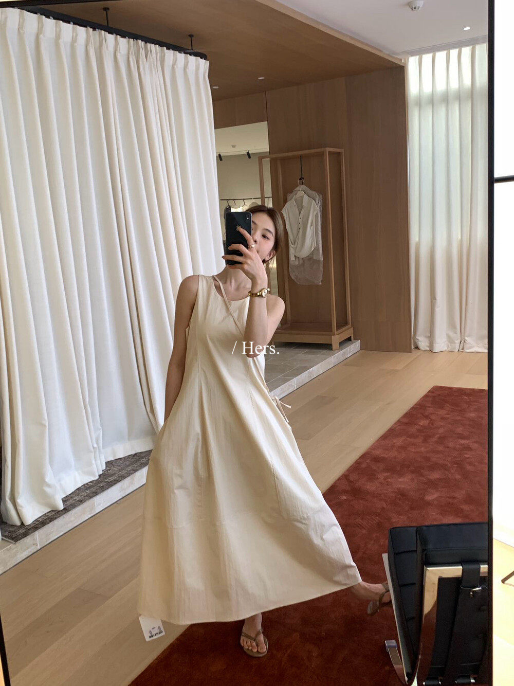 Đầm maxi nữ thắt eo không tay phong cách Pháp tối giản — Cam trần, màu trắng chi tiết 31