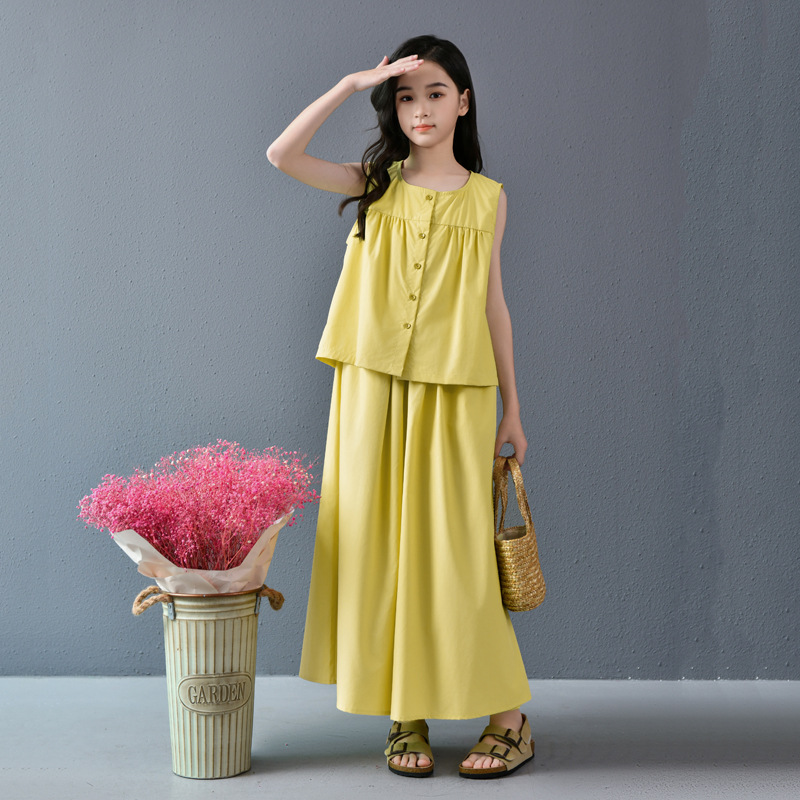Traje para niñas verano fresco sin mangas pantalones anchos traje de dos piezas para niños grandes traje de pantalones cortos literarios para mujeres Tiansi Cotton