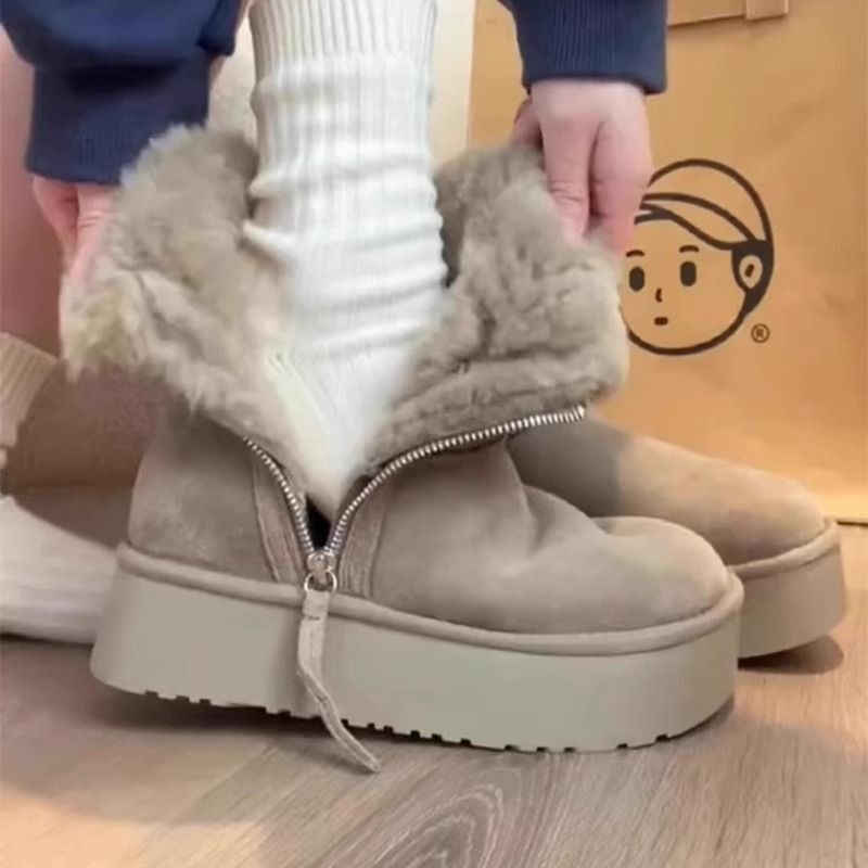 Botas de algodón gruesas del noreste de la nueva piel cálida en un tubo corto botas de nieve gruesas con cremallera lateral femenina