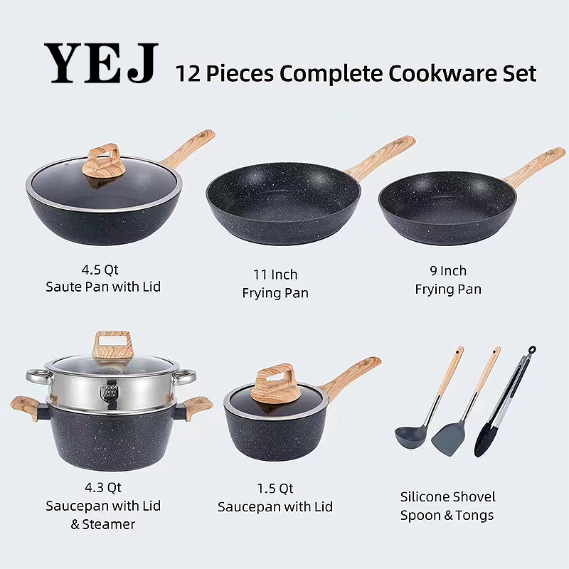 Comercio exterior transfronterizo Set pot granito piedra médica juego de 12 piezas blanco antiadherente juego de olla wok wok wok olla de sopa