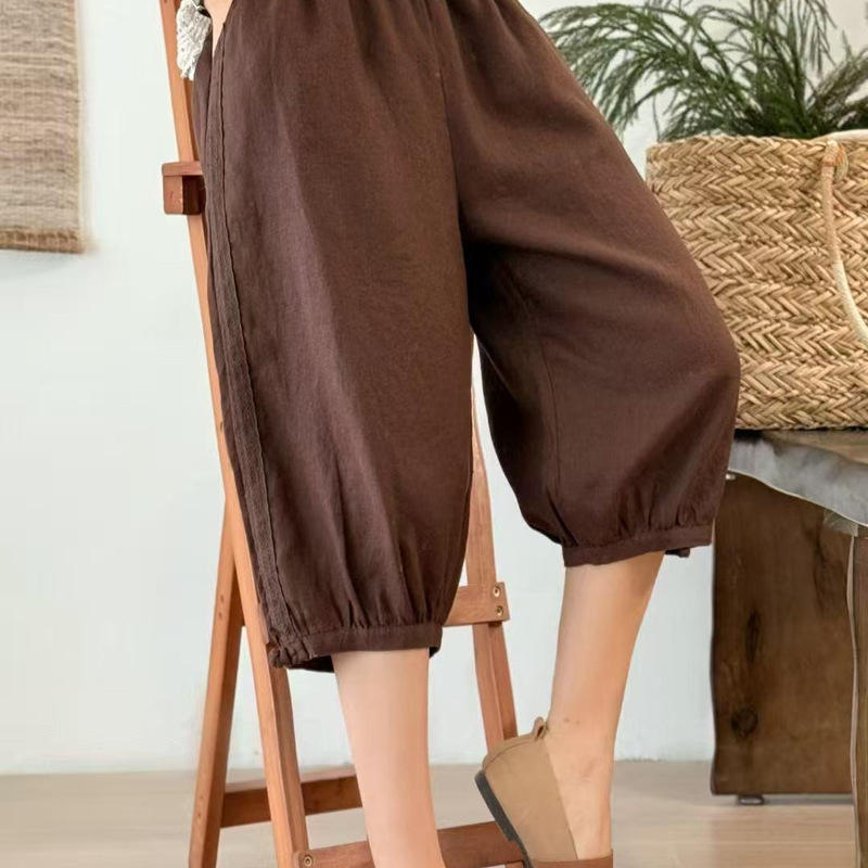 2025 Summer Casual Pants Women's Linen Mid-Pants Loose Casual Korean Style Retro Cropped Pants Pure Color Mid-Pants Slimming Look