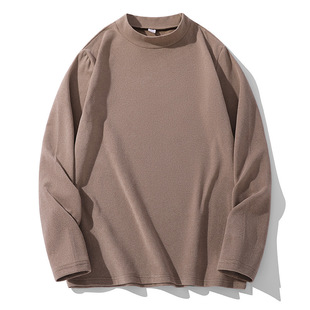 Korean Style Autumn and Winter Fleece Semi-high Collar Sweater Base Shirt Men's Loose Fashionable Interior Solid Color Spring and Autumn Long-sleeved T-shirt