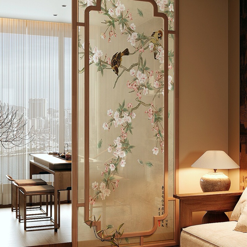 Song-Style Aesthetics, New Chinese-Style Floral and Bird Motif Solid Wood Screen Partition Wall for Living Room, Home Entrance, Balcony, and Tea Room