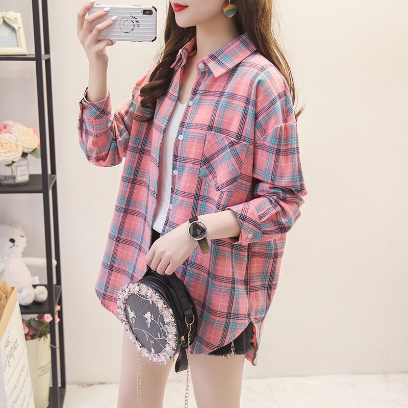 Sanding Plaid Shirt Women's Long-sleeved 2020 Spring and Autumn New Korean Style Large Size Women's Sanding Top Base Shirt Jacket